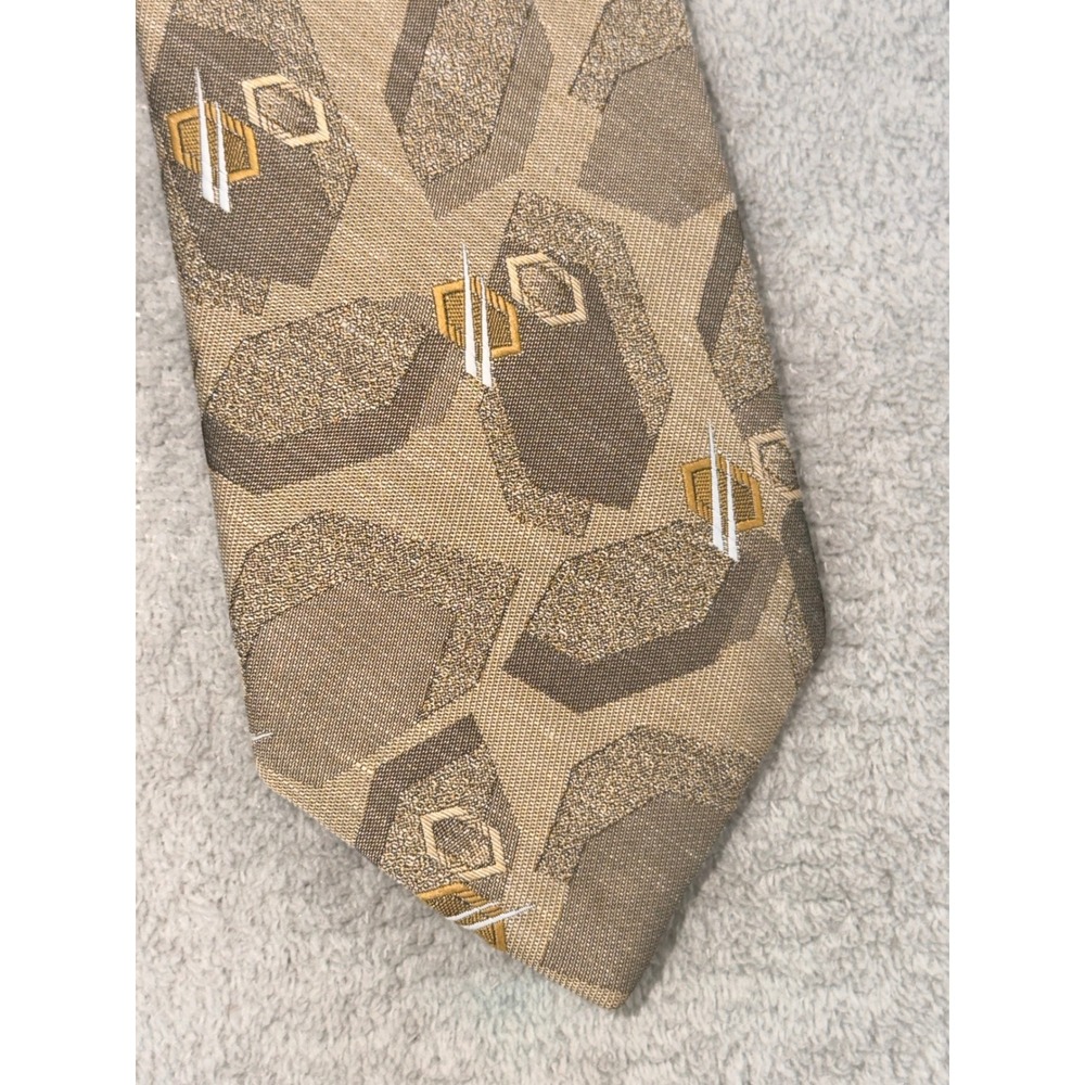 John Weitz Mens Necktie Tan Brown Gold Geometric Abstract Polyester Linen USA